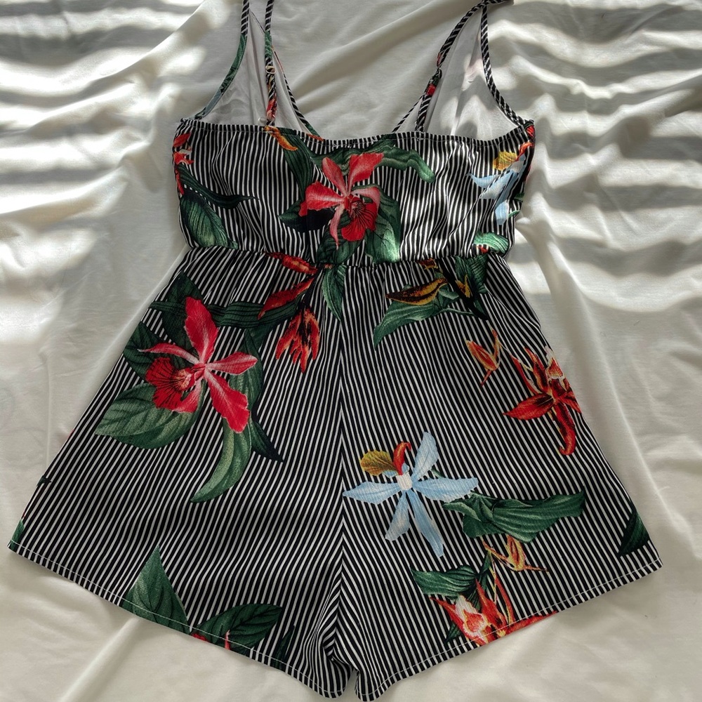 Black and white stripe floral romper